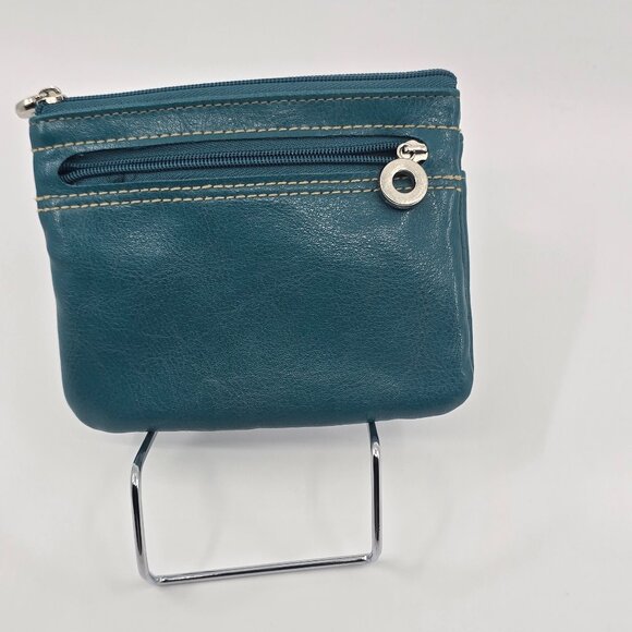 Buxton Teal Pebbled Leather Zip ID Wallet Coin Purse Card Holder Polka Dot Linin - Picture 2 of 4